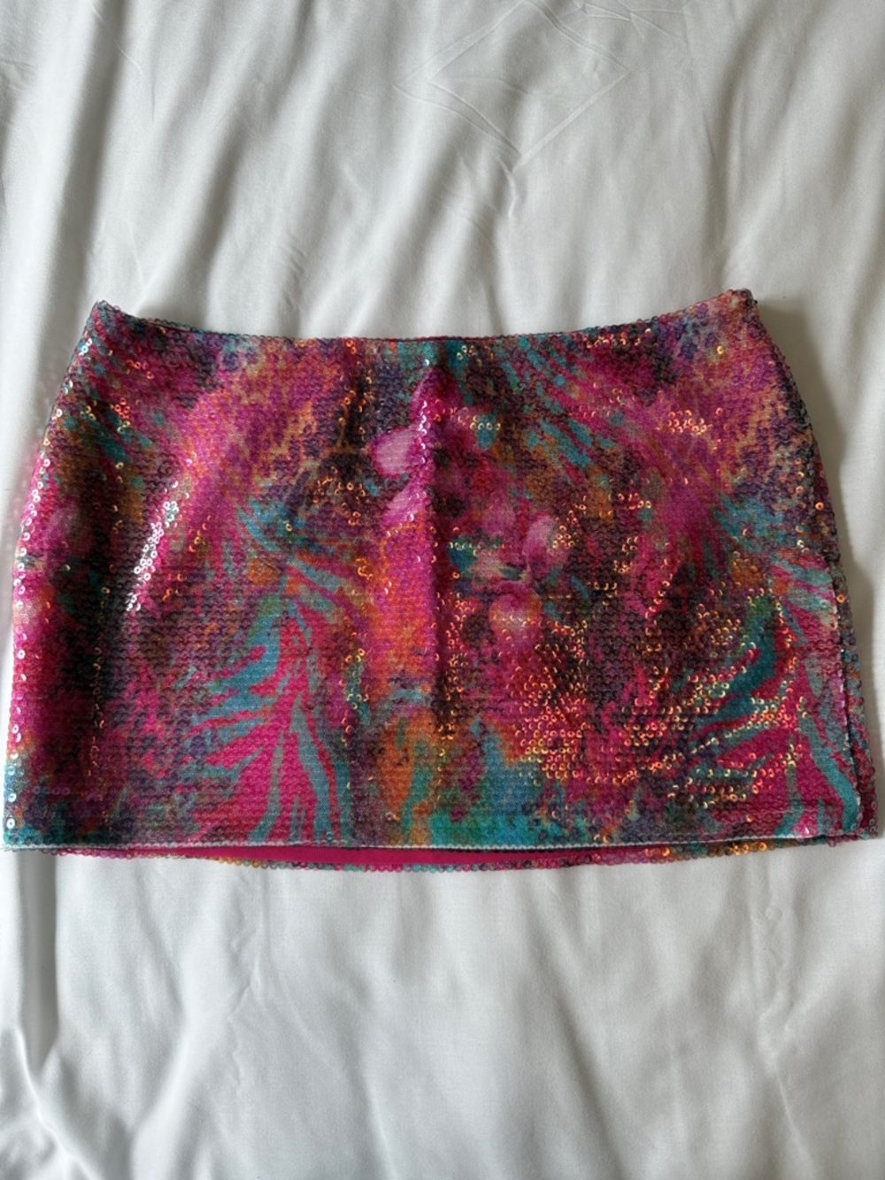 White Fox Boutique Pink Teal Sequin Mini Skirt
